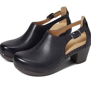 Dansko Black Slingback Clog Heels with Stud Trim